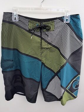 Quiksilver Mens Blue Lime Graphic Board Shorts Size 33 Surf Swim